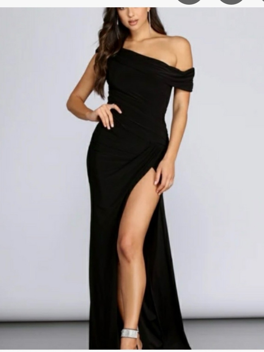 Windsor Black One-Shoulder Evening Gown with Thigh Slit